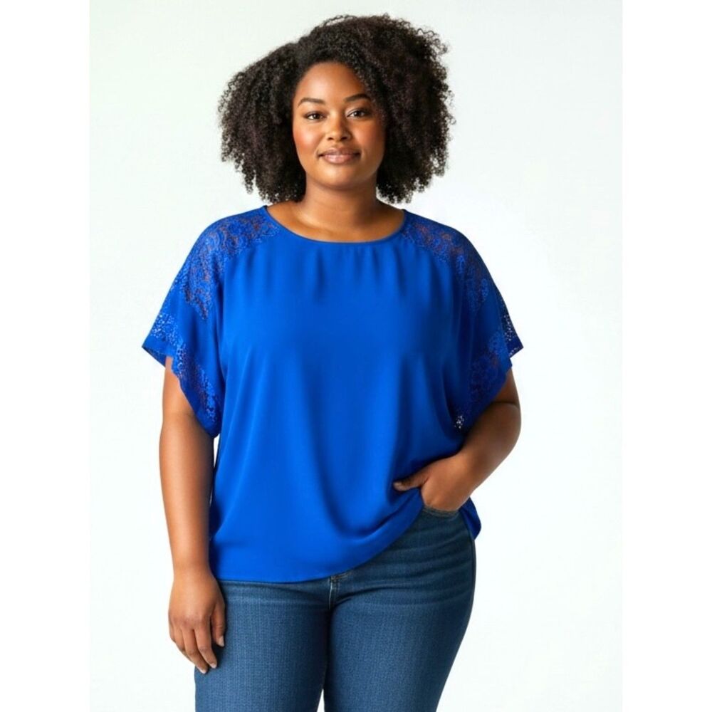 PETER NYGARD Lace-Inset Flutter Sleeve Blouse in Royal Blue SZ XL